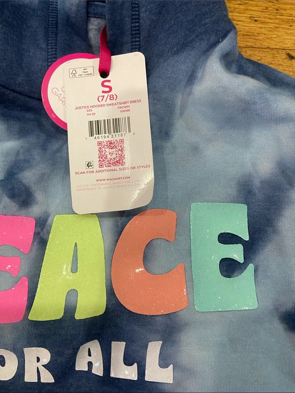Justice Blue Tie-Dye Hooded Sweatshirt with Multicolor PEACE Graphic